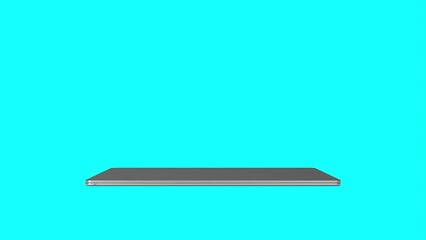 Poster - Modern laptop with empty green screen isolated on blue background, camera zooming in - 3D 4K animation