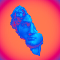 Abstract illustration from 3D rendering of a broken head fragment made of marble of a classical male sculpture isolated on background in colorful vaporwave pop colors.