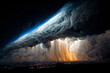 lightning and storm on sea to the sunset - bad weather. Ai digital art illustration