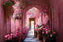 Pink Castle Hallway Strewn Red Roses All Around The Door And Window. Flowers Everywhere. Victorian Style. Ai Digital Art Illustration