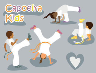 Wall Mural - Kids playing capoeira on the training. Boys and girls doing capoeira movements, kicks and acrobatics. Vector illustration background and icons.