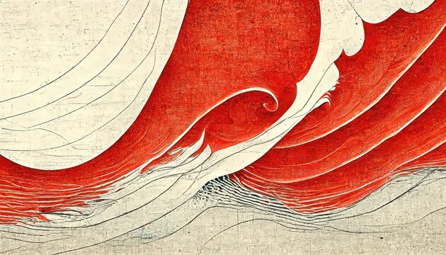 Wall Mural -  - White and red cartoonish lines bordered by Japanese ukiyo-e style. Wave shape like Hokusai Katsushika, graphic design element background.