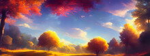 A Vibrant Autumn Landscape Against A Beautiful Sky. Banner Format. Digital Illustration.