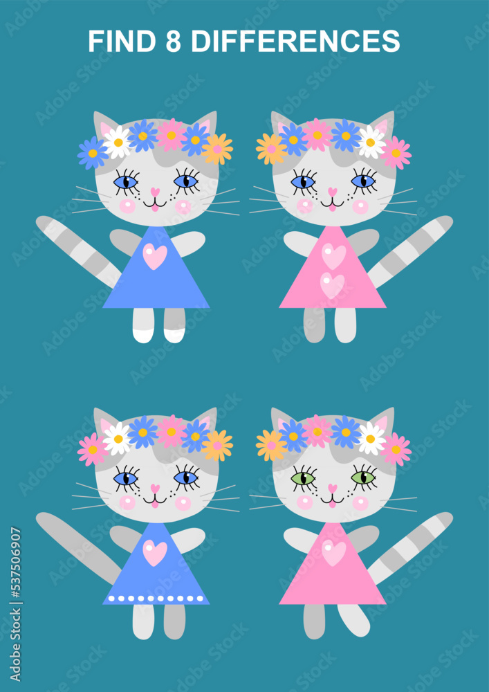 Find 8 differences between cute cats with floral wreaths. Cartoon ...