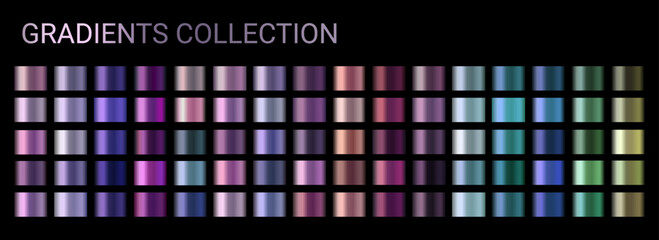 Gradients vector set. Vector neon chrome metal texture surface background swatch template. Metallic and chromium shade combination. Purple, lilac, violet neon chromium shades. Bright vibrant colors
