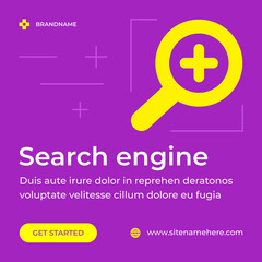 Poster - Search engine cyber optimization magnifying glass adding company content social media post vector
