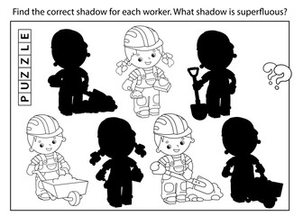 Wall Mural - Puzzle Game for kids. Find correct shadow. Coloring Page Outline Of cartoon workers with building tools. Profession. Coloring book for children.