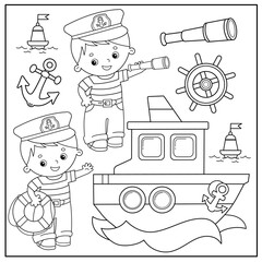 Wall Mural - Cartoon ship or steamer. Sailors or seamen with spyglass and lifebuoy. Images of sea transport for children. Profession. Coloring book for kids