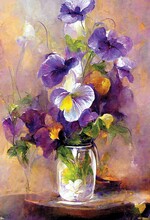 Oil Painting Of Pansies, Violets, Violas, Purple Flowers In A Beautiful Bouquet In A Vase. Digital Art, Printable Artwork, Floral Wall Art
