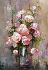 Wall Mural - beautiful pink roses in a vase, oil painting for print, garden flowers wall art, digital art, printa