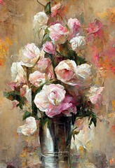Wall Mural - pink roses flowers, oil painting, beautiful flowers bouquet in a vase, garden flowers wall art, digi