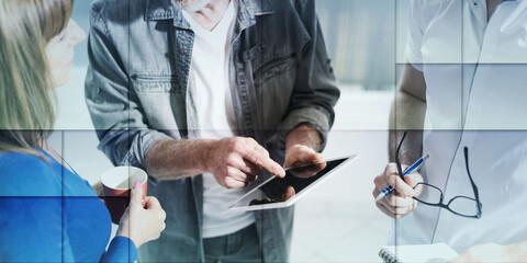 Poster - Coworkers having a business discussion, geometric pattern