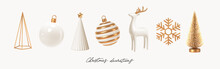 Set Of White And Gold Realistic Christmas Decorations. 3d Render Vector Illustration. Design Elements For Greeting Card Or Invitation.