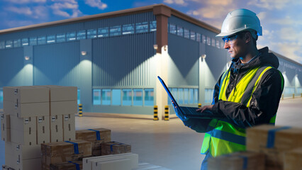 Poster - Man storekeeper with laptop. Warehouse employee. Storekeeper takes goods to warehouse. Storekeeper stands on street among boxes. Warehouse software concept. Man in front of blurred storage hangar