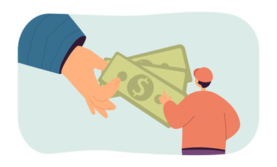 Poster - Hand giving cash money to tiny man. Gift or donation help with dollar bills to person flat vector illustration. Payment, charity, currency concept for banner, website design or landing web page