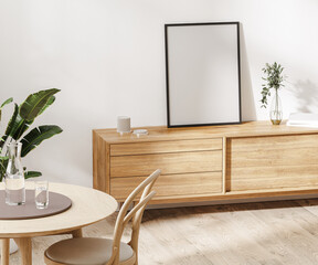 Wall Mural - blank frame mockup on wooden dresser in dining room, home interior mockup, 3d rendering