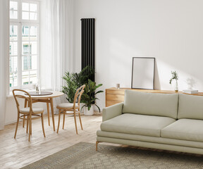 Wall Mural - modern living room interior with beige sofa, dining table, chest of drawers with poster frame, rug, 