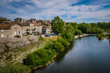 Wall Mural - View on the medieval village of Lanas and the Ardeche river in the South of France
