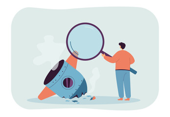 Poster - Analysis of rocket crash by tiny man with magnifying glass. Failure of startup and bad project of person flat vector illustration. Risk research concept for banner, website design or landing web page
