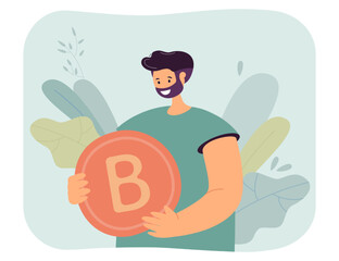 Poster - Tiny happy investor holding gold bitcoin. Man mining, buying or selling crypto money flat vector illustration. BTC trade, digital currency concept for banner, website design or landing web page