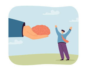 Poster - Hand giving human brain to happy tiny employee. Knowledge, creative ideas and advices as gift to man flat vector illustration. Education, project concept for banner, website design or landing web page