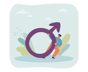 Poster - Tiny man holding big male gender sign. Person with symbol of Mars with circle and arrow flat vector illustration. Mens rights, career, work concept for banner, website design or landing web page