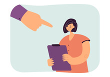 Hand Finger Pointing At Sad Guilty Employee. Public Censure Of Tiny Shamed Young Woman With Clipboard Flat Vector Illustration. Office, Blame Concept For Banner, Website Design Or Landing Web Page