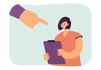 Poster - Hand finger pointing at sad guilty employee. Public censure of tiny shamed young woman with clipboard flat vector illustration. Office, blame concept for banner, website design or landing web page