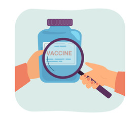 Canvas Print - hand holding magnifying glass for analysis of vaccine. search for information by person with magnifi