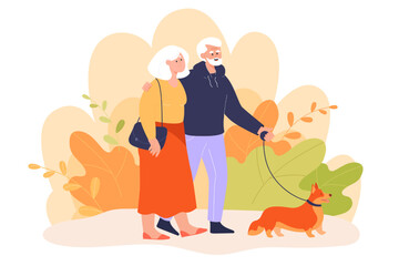 Poster - Happy elderly couple walking cute dog together. Old or senior people with pet in park flat vector illustration. Retirement, pets, sports concept for banner, website design or landing web page