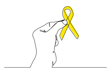 continuous line Hand holding a yellow ribbon to support people living and sick September Suicide Prevention Day Pediatric Cancer Awareness Month and the concept of world cancer day