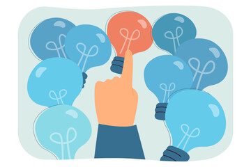 Poster - Hand finger pointing at bright light bulb among dark lamps. Creative find of genius idea by person flat vector illustration. Solution, innovation concept for banner, website design or landing web page