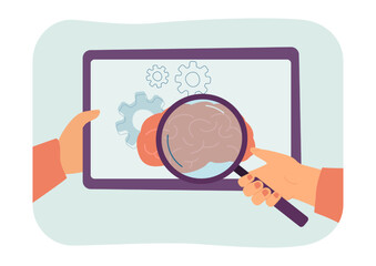 Wall Mural - Hand holding magnifying glass to study brain on phone screen. Research of health and persons mind flat vector illustration. Medicine, psychology concept for banner, website design or landing web page