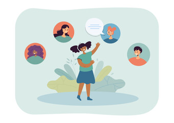 Poster - Group of teachers teaching tiny student online. Circle profiles with female faces around learning girl flat vector illustration. Education concept for banner, website design or landing web page