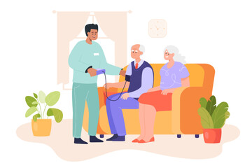 Aufkleber - doctor measuring blood pressure of old couple at home. man taking care of elderly persons on sofa, h