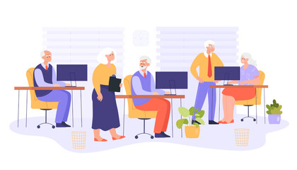 Poster - Senior employees talking in office or at meeting. Elderly persons at work, old business people working at computers flat vector illustration. Old age, workplace concept for banner or landing web page