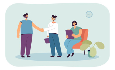 Wall Mural - Handshake of business people at corporate office meeting. Agreement, deal between man and woman flat vector illustration. Partnership, contract concept for banner, website design or landing web page