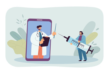 Poster - Doctor teaching medical student from phone screen. Tiny woman holding syringe with vaccine injection flat vector illustration. Medicine, study concept for banner, website design or landing web page
