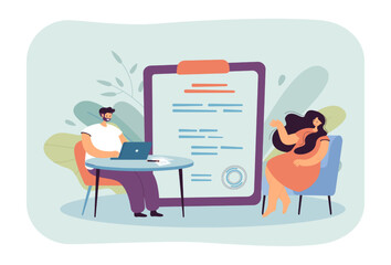 Poster - HR employee hiring new worker on employment interview. Tiny man and woman with job contract flat vector illustration. Vacancy, agency, agreement concept for banner, website design or landing web page