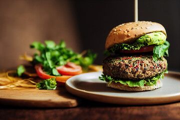 A delicious vegan burger on the plate on the table, healthy vegan food