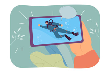 Poster - Hand holding phone with diver swimming underwater on screen. Person watching channel about scuba diving flat vector illustration. Video blog concept for banner, website design or landing web page