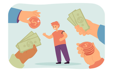 Poster - Hands giving cash money to tiny child. People holding lot of dollar coins and bills for gift to boy flat vector illustration. Finance, prize concept for banner, website design or landing web page