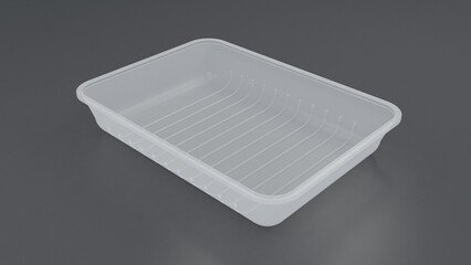 Empty, white plastic food tray, container, a 3D render on gray background. Packshot photo for package design, template.