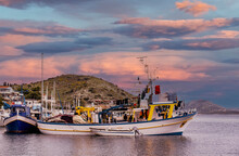 Trawlers Fishing Boats At Small Harbor And Town Named Pachi, Megara, Greece