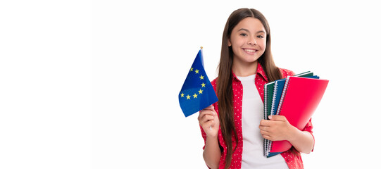 happy teen girl hold european union flag and workbook. schengen countries. banner of schoolgirl stud