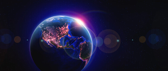 Poster - Earth orbit. North America and night lights of cities. Planet in space 3d illustration. Elements of this image are furnished by NASA