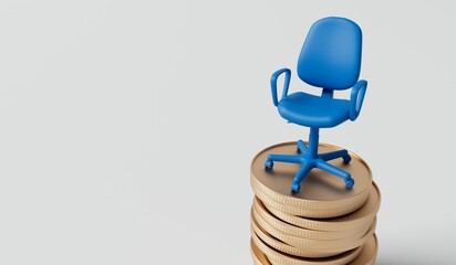 Office chair on a stack of coins. Career promotion wages and salary concept. 3D Rendering