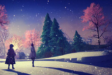 Two Girls Standing In A Snowy Park With Trees In The Background With Vivid Twilight Vibes