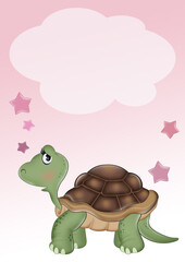 Poster - birth announcement card for baby girl with turtle