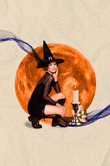 Wall Mural - Picture banner drawing collage of beautiful conjurer enchantress lady doing occult magic on full moon midnight